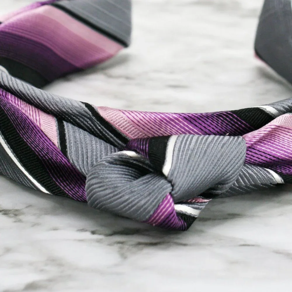HAND CRAFTED Purple Gray Knotted Headband Stripe Necktie Hair Accessory